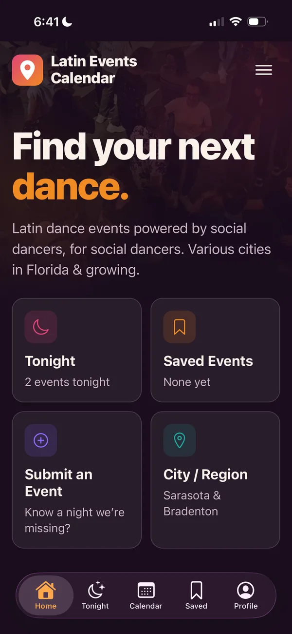 The Latin Events app's Home screen